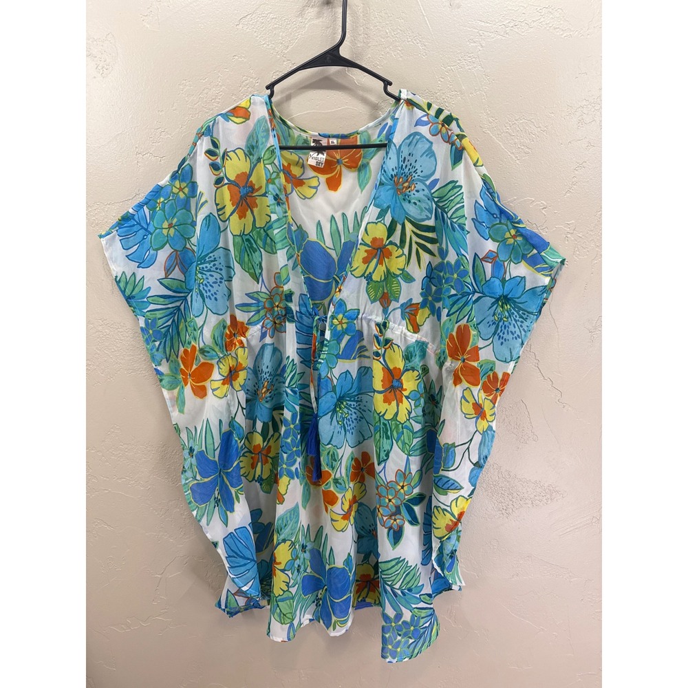 Violet Sky Women XL Floral Kaftan Swim Cover Up Blue Orange Tropical Tassels NEW
